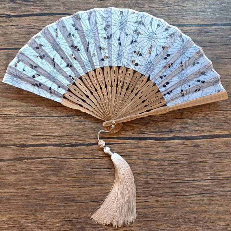 Buddha Stones Solid Color Hollow Flowers Embroidery Cotton Fabric Handheld Bamboo Folding Fan - Gray-Blue (Flower Hollowing)-21cm - image 3