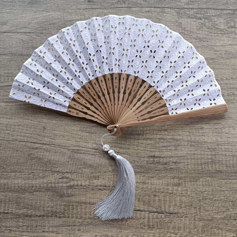 Buddha Stones Solid Color Hollow Flowers Embroidery Cotton Fabric Handheld Bamboo Folding Fan - Gray-Purple (Four-Leaf Clover Embroidery)-21cm - image 19