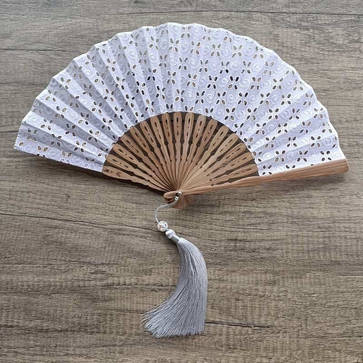Buddha Stones Solid Color Hollow Flowers Embroidery Cotton Fabric Handheld Bamboo Folding Fan - Gray-Purple (Four-Leaf Clover Embroidery)-21cm - image 19