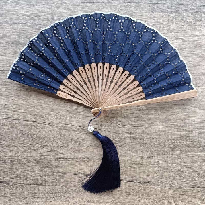 Buddha Stones Solid Color Hollow Flowers Embroidery Cotton Fabric Handheld Bamboo Folding Fan - Dark Blue (Circle Embroidery White Edge)-21cm - image 23