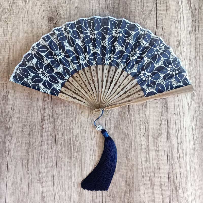 Buddha Stones Solid Color Hollow Flowers Embroidery Cotton Fabric Handheld Bamboo Folding Fan - Dark Blue (White Flower Embroidery)-21cm - image 29