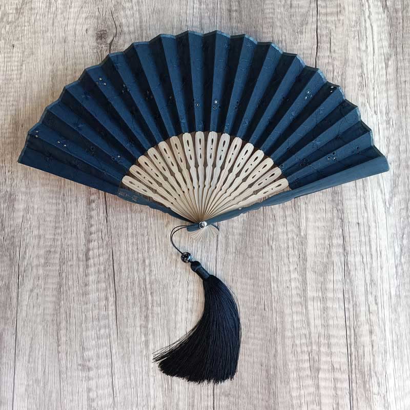 Buddha Stones Solid Color Hollow Flowers Embroidery Cotton Fabric Handheld Bamboo Folding Fan - Navy Blue (Flower Embroidery)-21cm - image 17
