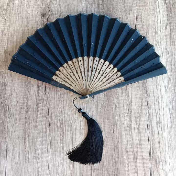 Buddha Stones Solid Color Hollow Flowers Embroidery Cotton Fabric Handheld Bamboo Folding Fan - Navy Blue (Flower Embroidery)-21cm - image 17
