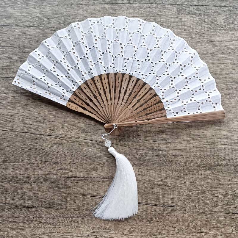 Buddha Stones Solid Color Hollow Flowers Embroidery Cotton Fabric Handheld Bamboo Folding Fan - White (Circle Embroidery)-21cm - image 22