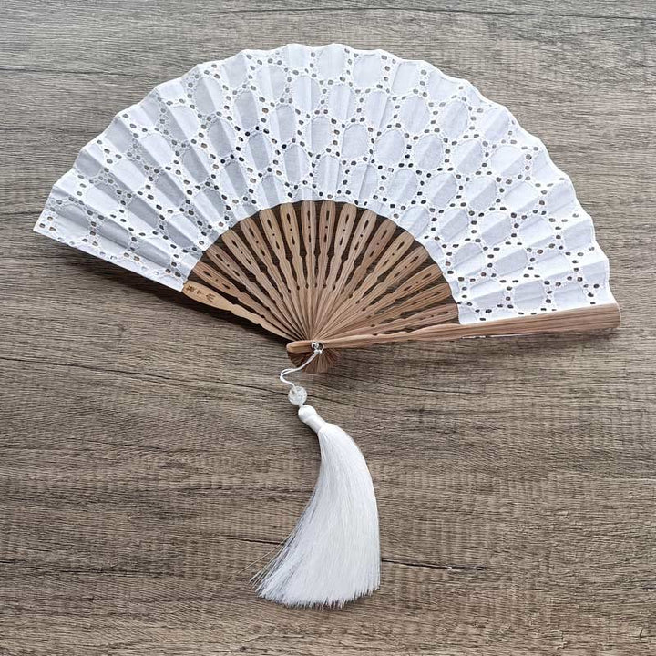 Buddha Stones Solid Color Hollow Flowers Embroidery Cotton Fabric Handheld Bamboo Folding Fan - White (Circle Embroidery)-21cm - image 22