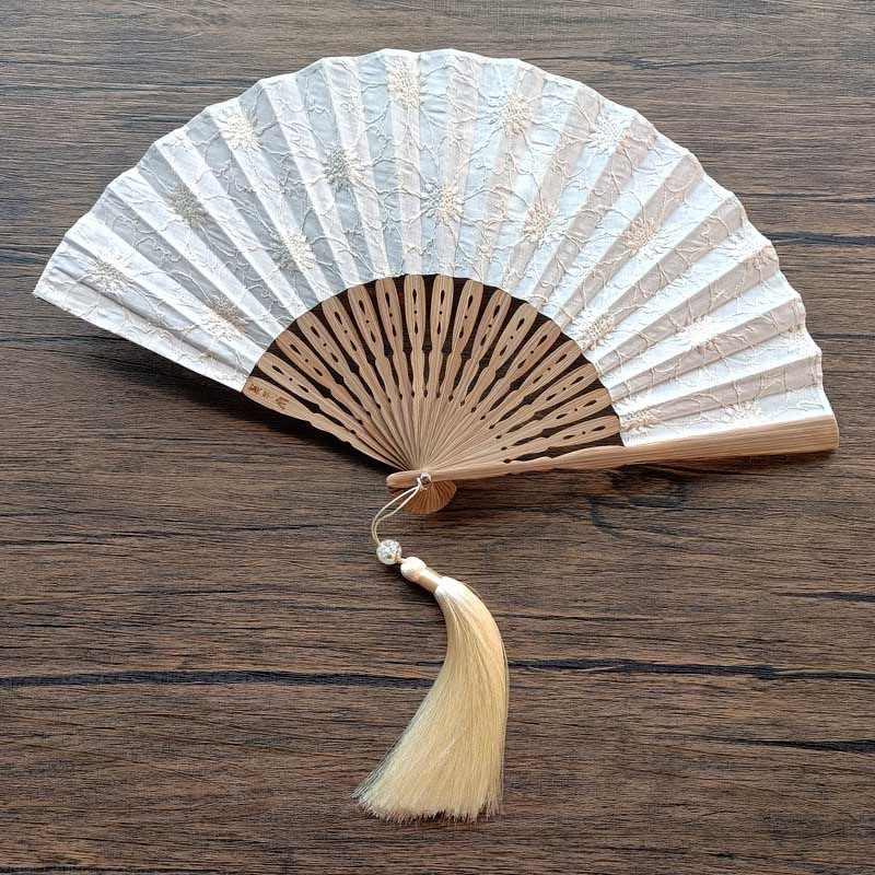 Buddha Stones Solid Color Hollow Flowers Embroidery Cotton Fabric Handheld Bamboo Folding Fan - White (Flower Embroidery)-21cm - image 10