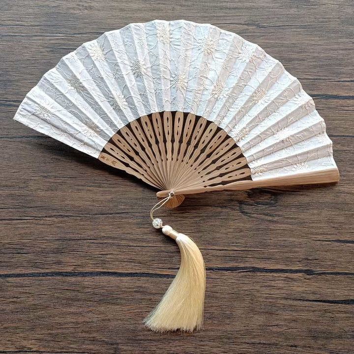 Buddha Stones Solid Color Hollow Flowers Embroidery Cotton Fabric Handheld Bamboo Folding Fan - White (Flower Embroidery)-21cm - image 10
