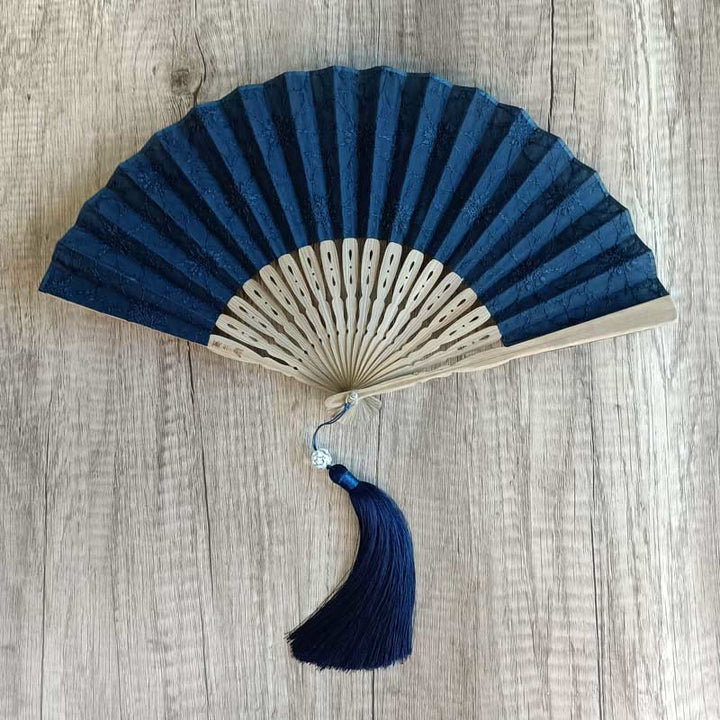 Buddha Stones Solid Color Hollow Flowers Embroidery Cotton Fabric Handheld Bamboo Folding Fan - Black (Flower Embroidery Brown Ribs)-21cm - image 28