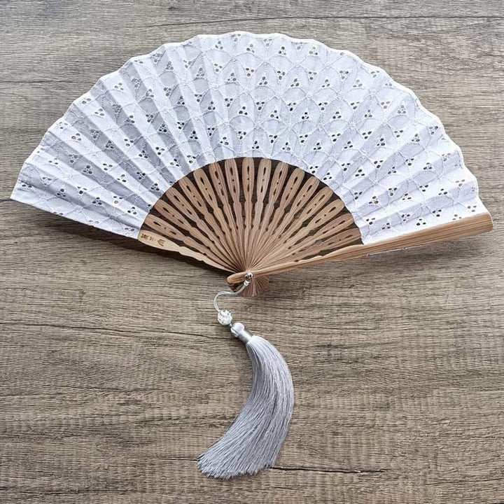 Buddha Stones Solid Color Hollow Flowers Embroidery Cotton Fabric Handheld Bamboo Folding Fan - Light Gray (Triangle Embroidery)-21cm - image 18