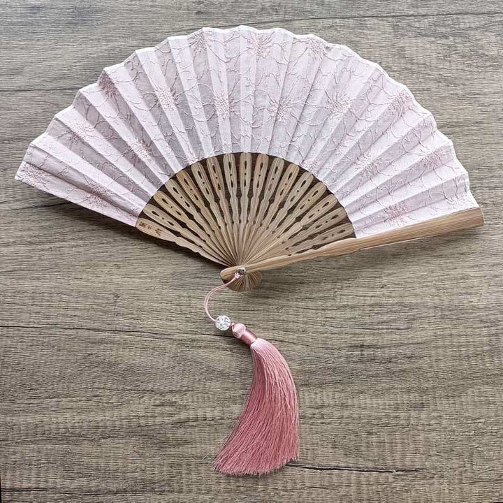 Buddha Stones Solid Color Hollow Flowers Embroidery Cotton Fabric Handheld Bamboo Folding Fan - Lotus Pink (Flower Embroidery)-21cm - image 14