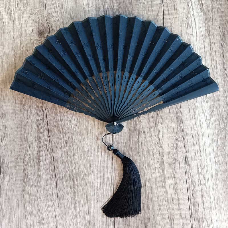 Buddha Stones Solid Color Hollow Flowers Embroidery Cotton Fabric Handheld Bamboo Folding Fan - Black (Flower Embroidery Black Ribs)-21cm - image 26