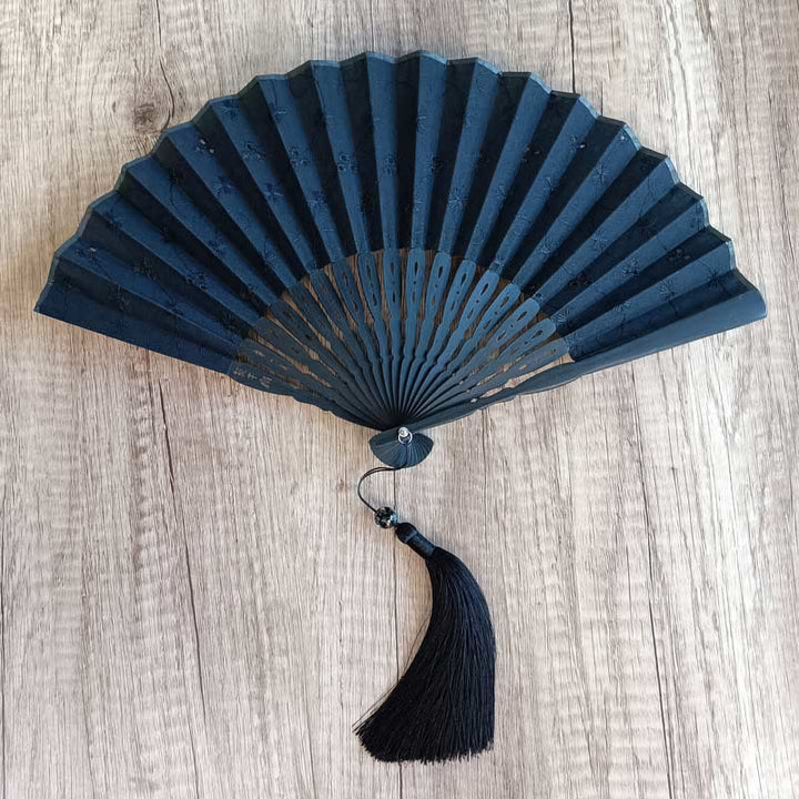 Buddha Stones Solid Color Hollow Flowers Embroidery Cotton Fabric Handheld Bamboo Folding Fan - Black (Flower Embroidery Black Ribs)-21cm - image 26