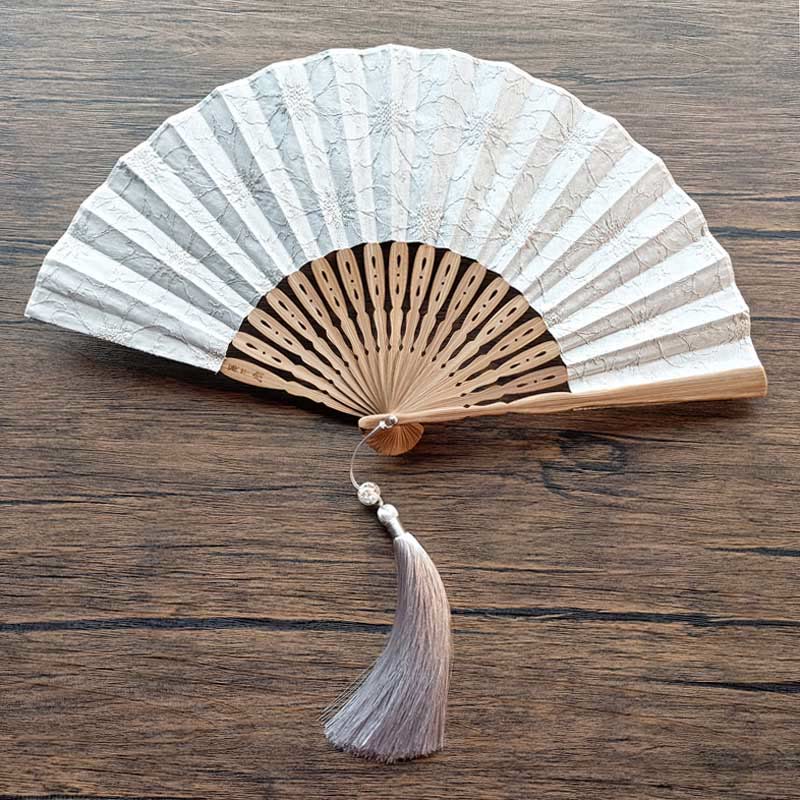 Buddha Stones Solid Color Hollow Flowers Embroidery Cotton Fabric Handheld Bamboo Folding Fan - Gray-Green (Flower Embroidery)-21cm - image 11