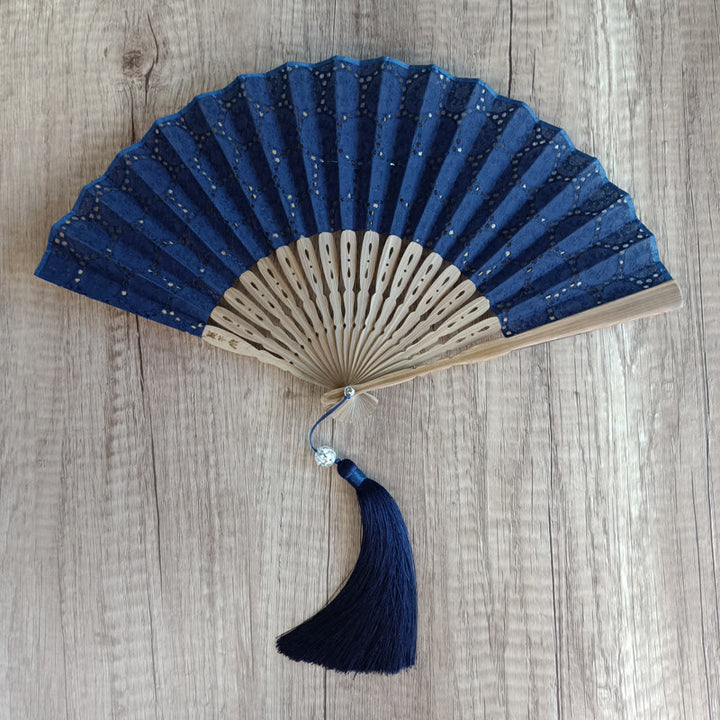 Buddha Stones Solid Color Hollow Flowers Embroidery Cotton Fabric Handheld Bamboo Folding Fan - Dark Blue (Circle Embroidery Black Edge)-21cm - image 25