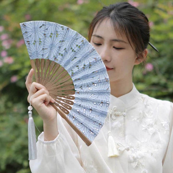 Buddha Stones Solid Color Hollow Flowers Embroidery Cotton Fabric Handheld Bamboo Folding Fan - image 5