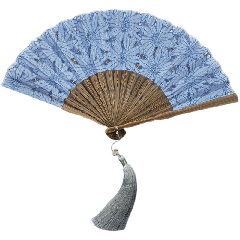 Buddha Stones Solid Color Hollow Flowers Embroidery Cotton Fabric Handheld Bamboo Folding Fan - image 6