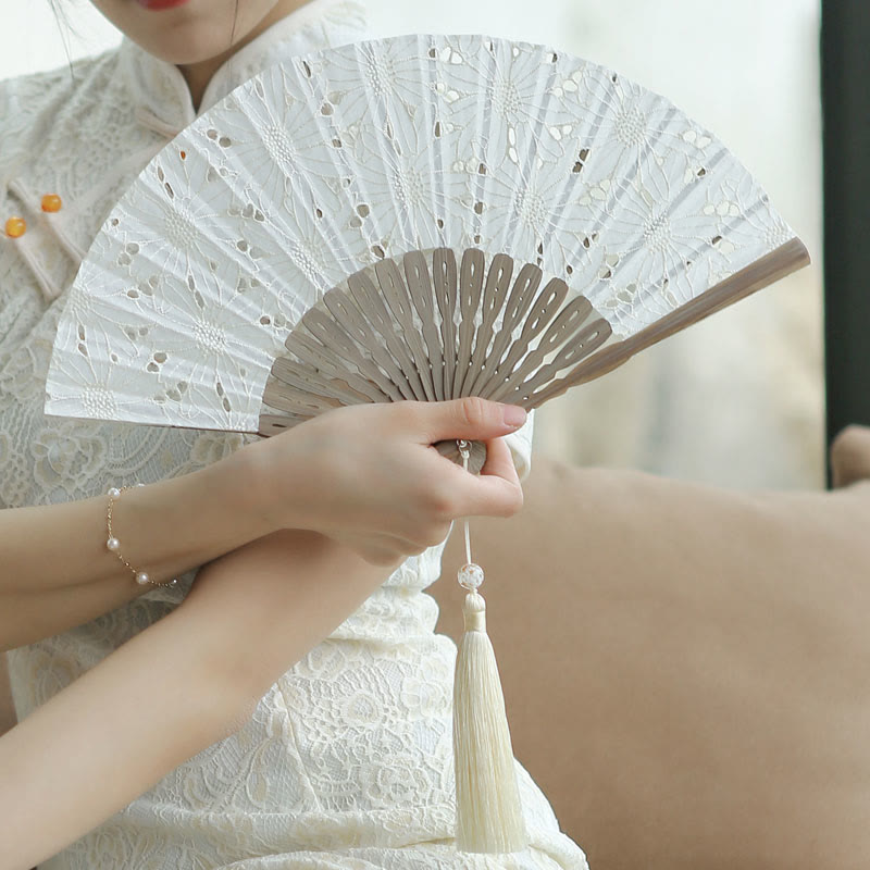 Buddha Stones Solid Color Hollow Flowers Embroidery Cotton Fabric Handheld Bamboo Folding Fan - White (Flower Hollowing)-21cm - image 0