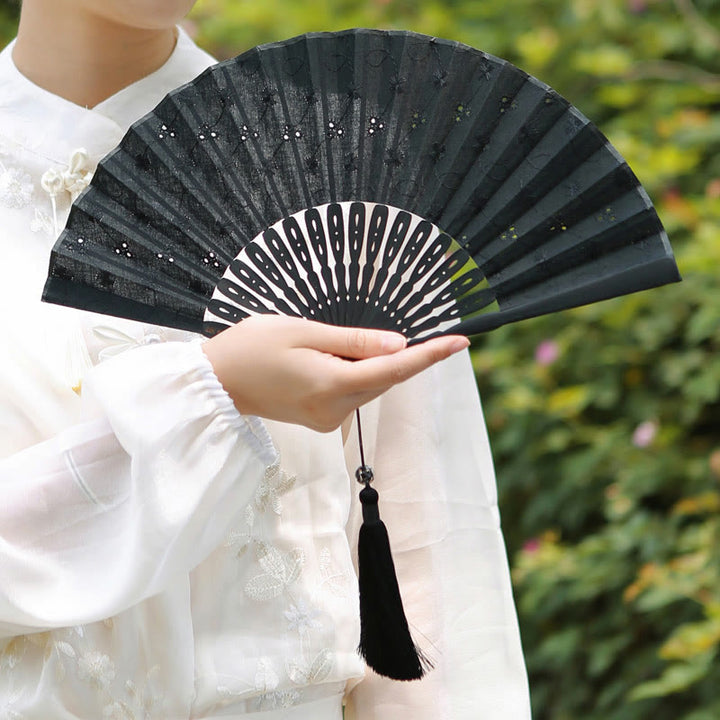 Buddha Stones Solid Color Hollow Flowers Embroidery Cotton Fabric Handheld Bamboo Folding Fan - image 27