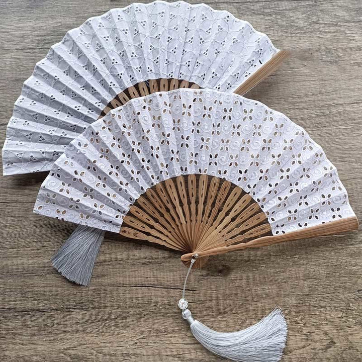 Buddha Stones Solid Color Hollow Flowers Embroidery Cotton Fabric Handheld Bamboo Folding Fan - image 20