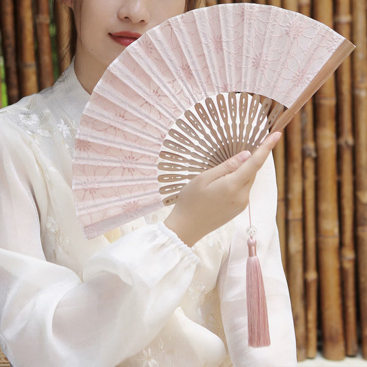 Buddha Stones Solid Color Hollow Flowers Embroidery Cotton Fabric Handheld Bamboo Folding Fan - image 15