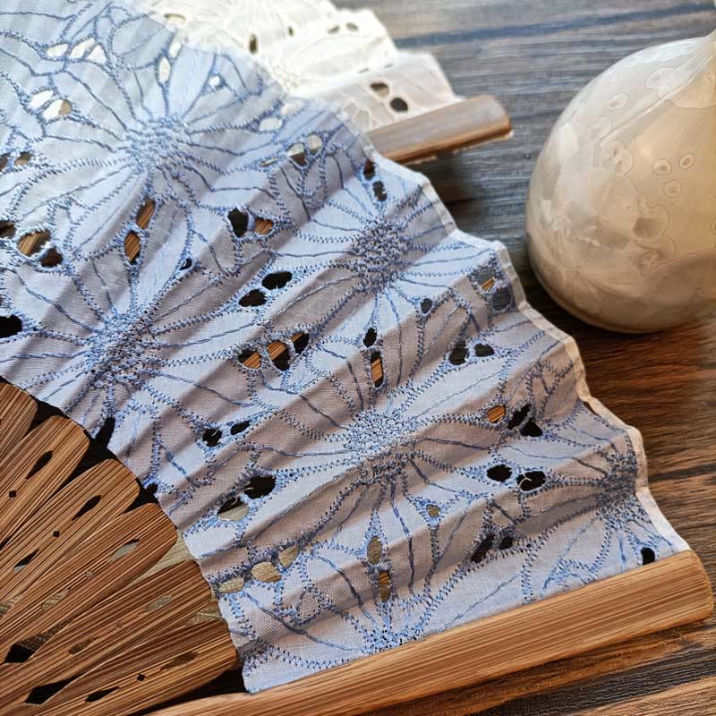Buddha Stones Solid Color Hollow Flowers Embroidery Cotton Fabric Handheld Bamboo Folding Fan - image 7