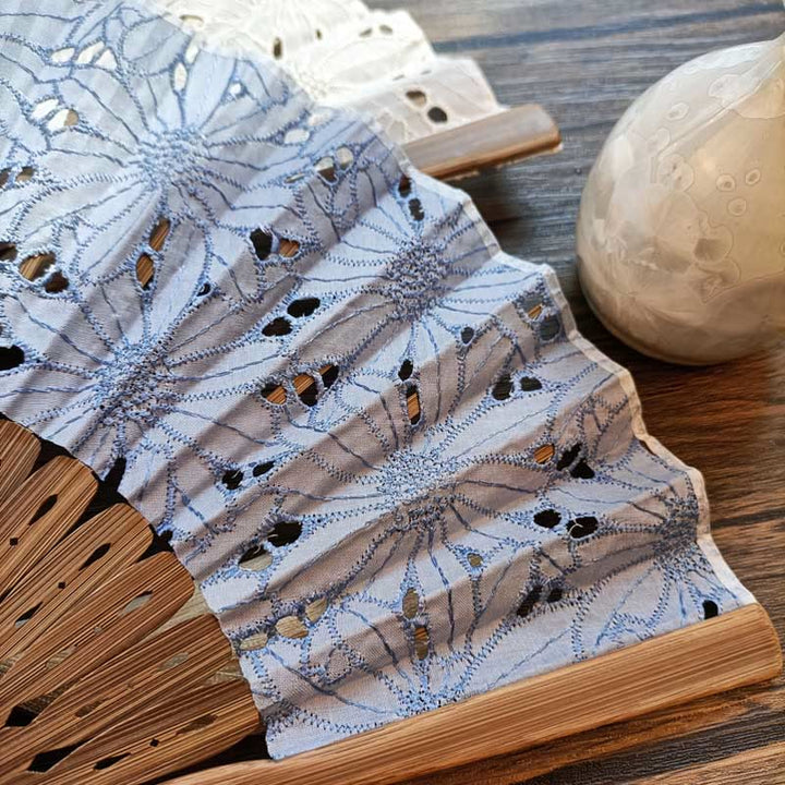 Buddha Stones Solid Color Hollow Flowers Embroidery Cotton Fabric Handheld Bamboo Folding Fan - image 7