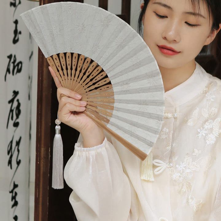 Buddha Stones Solid Color Hollow Flowers Embroidery Cotton Fabric Handheld Bamboo Folding Fan - image 12