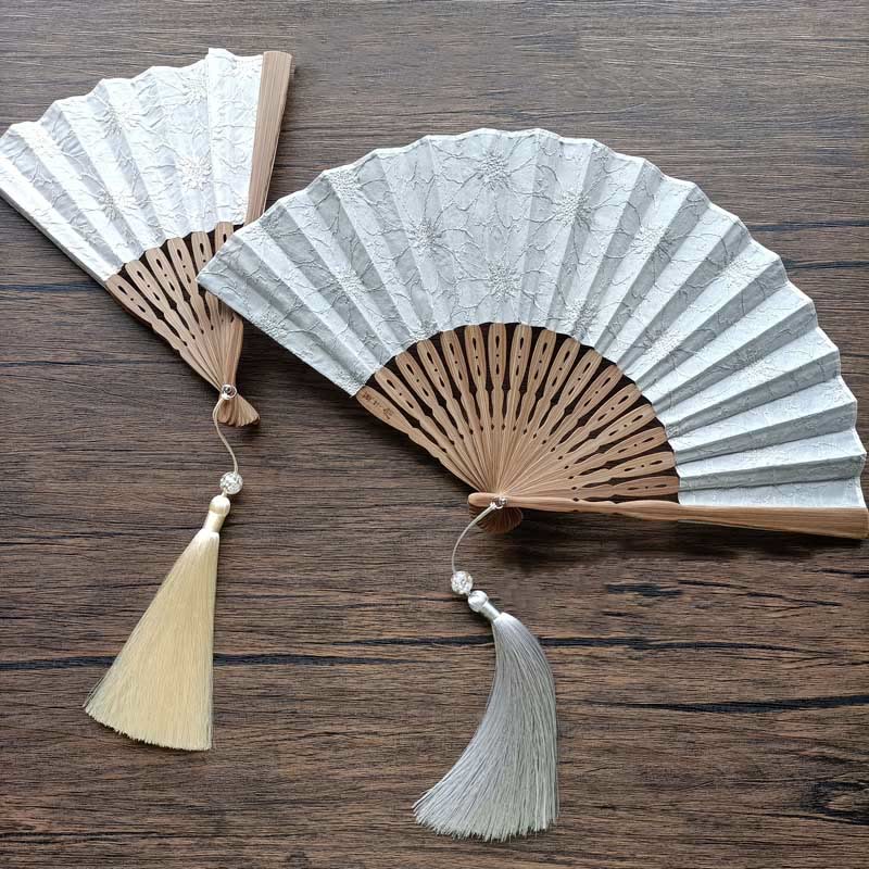 Buddha Stones Solid Color Hollow Flowers Embroidery Cotton Fabric Handheld Bamboo Folding Fan - image 13