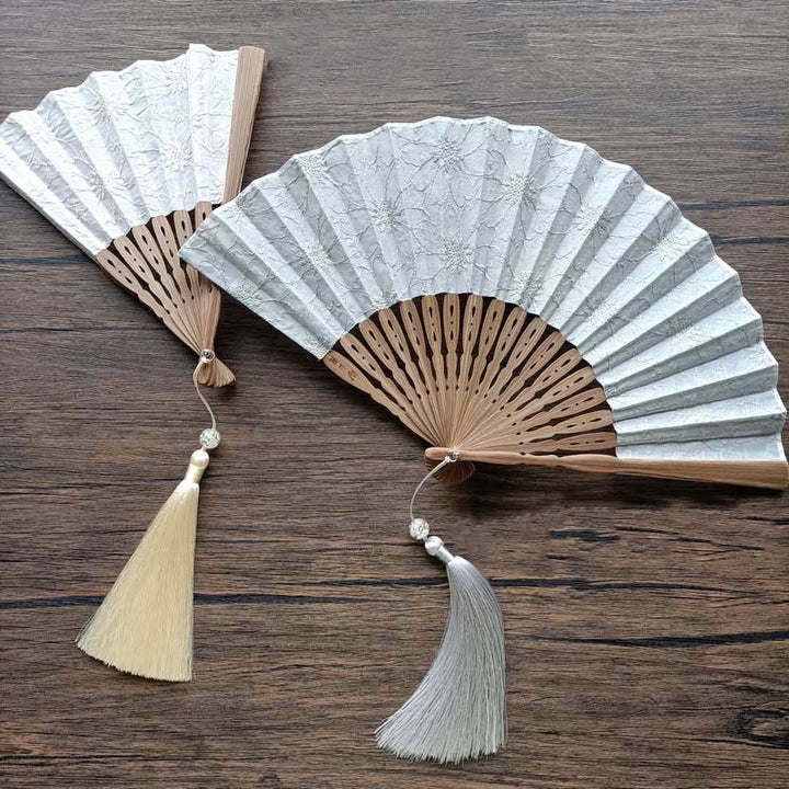 Buddha Stones Solid Color Hollow Flowers Embroidery Cotton Fabric Handheld Bamboo Folding Fan - image 13