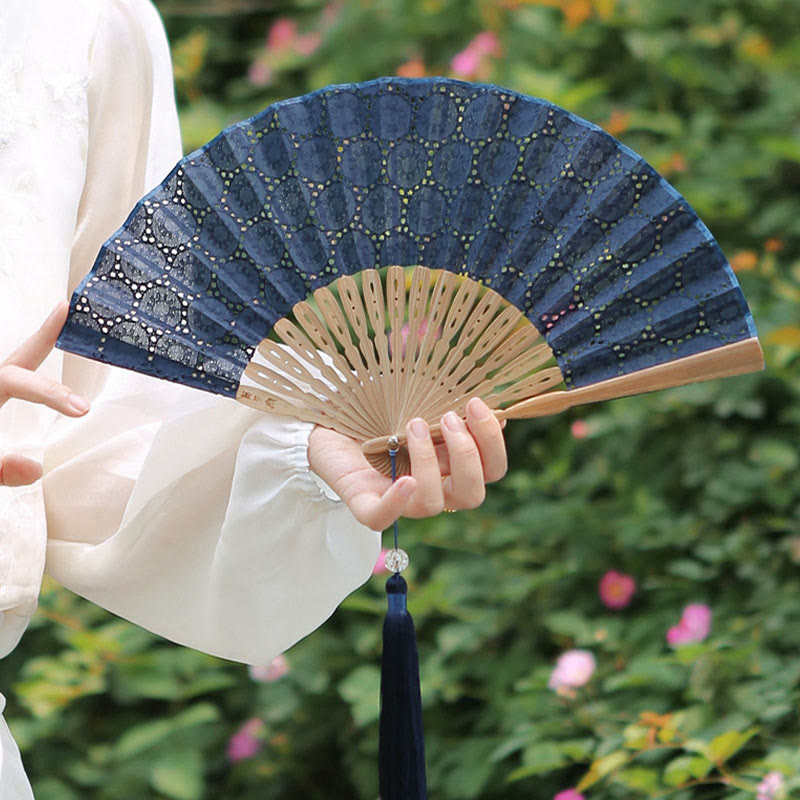 Buddha Stones Solid Color Hollow Flowers Embroidery Cotton Fabric Handheld Bamboo Folding Fan - image 24
