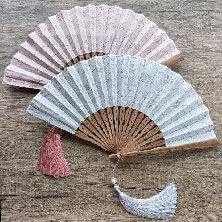Buddha Stones Solid Color Hollow Flowers Embroidery Cotton Fabric Handheld Bamboo Folding Fan - image 16