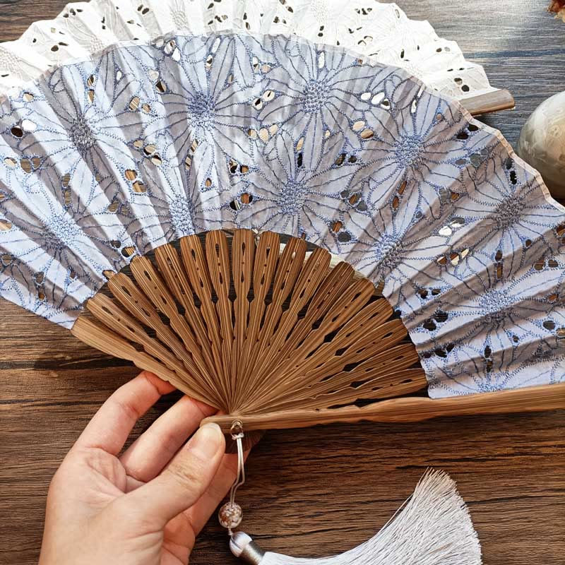 Buddha Stones Solid Color Hollow Flowers Embroidery Cotton Fabric Handheld Bamboo Folding Fan - image 4