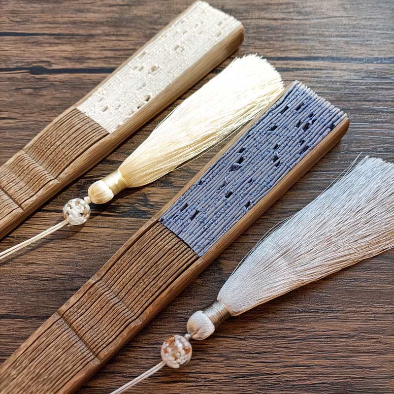 Buddha Stones Solid Color Hollow Flowers Embroidery Cotton Fabric Handheld Bamboo Folding Fan - image 30