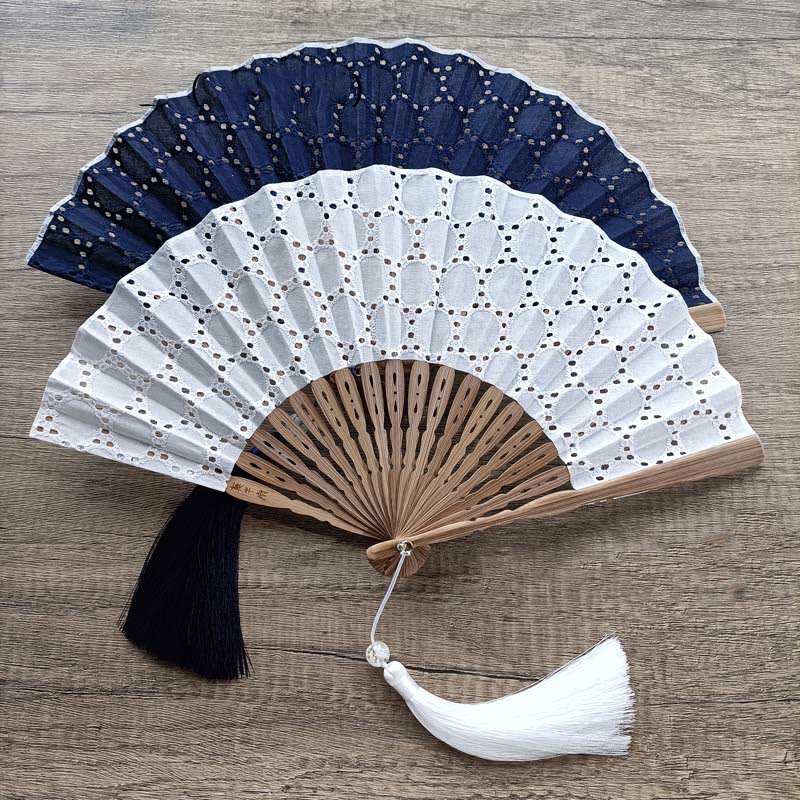 Buddha Stones Solid Color Hollow Flowers Embroidery Cotton Fabric Handheld Bamboo Folding Fan - image 21