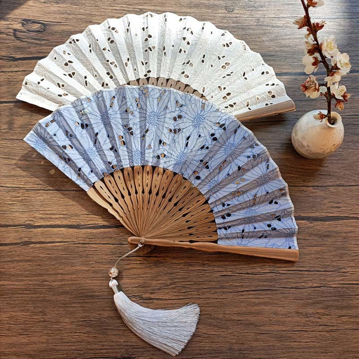 Buddha Stones Solid Color Hollow Flowers Embroidery Cotton Fabric Handheld Bamboo Folding Fan - image 9