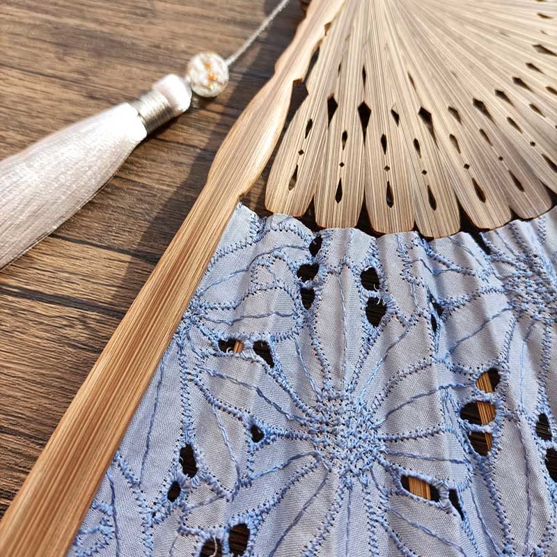 Buddha Stones Solid Color Hollow Flowers Embroidery Cotton Fabric Handheld Bamboo Folding Fan - image 8