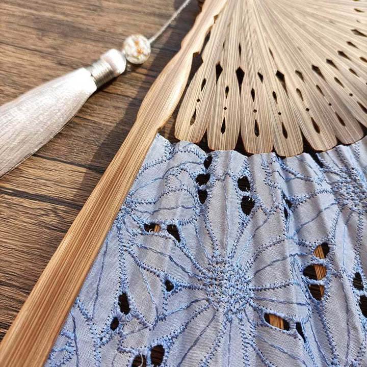 Buddha Stones Solid Color Hollow Flowers Embroidery Cotton Fabric Handheld Bamboo Folding Fan - image 8