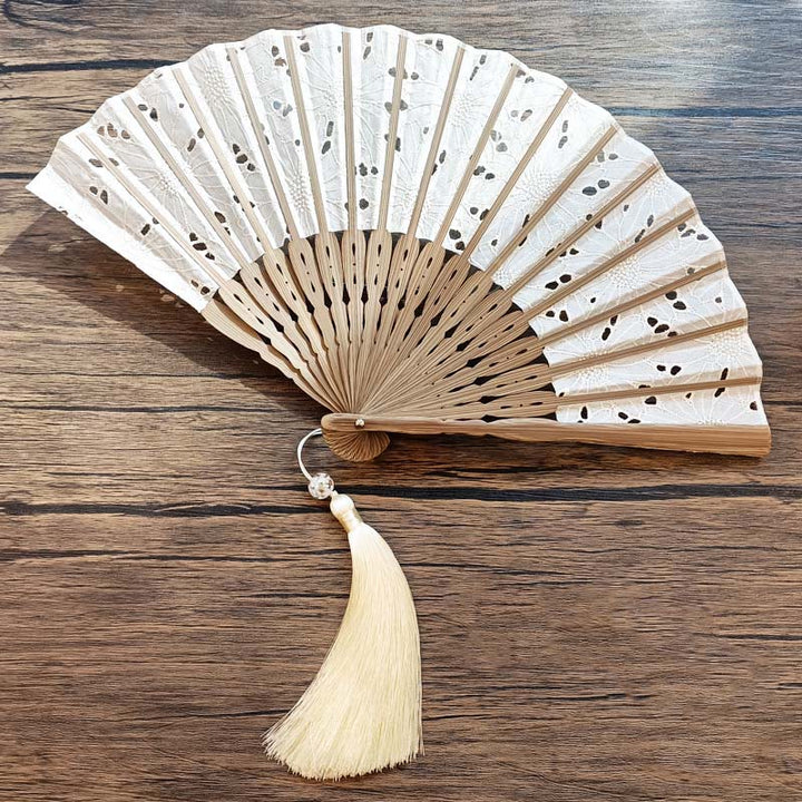 Buddha Stones Solid Color Hollow Flowers Embroidery Cotton Fabric Handheld Bamboo Folding Fan - image 2