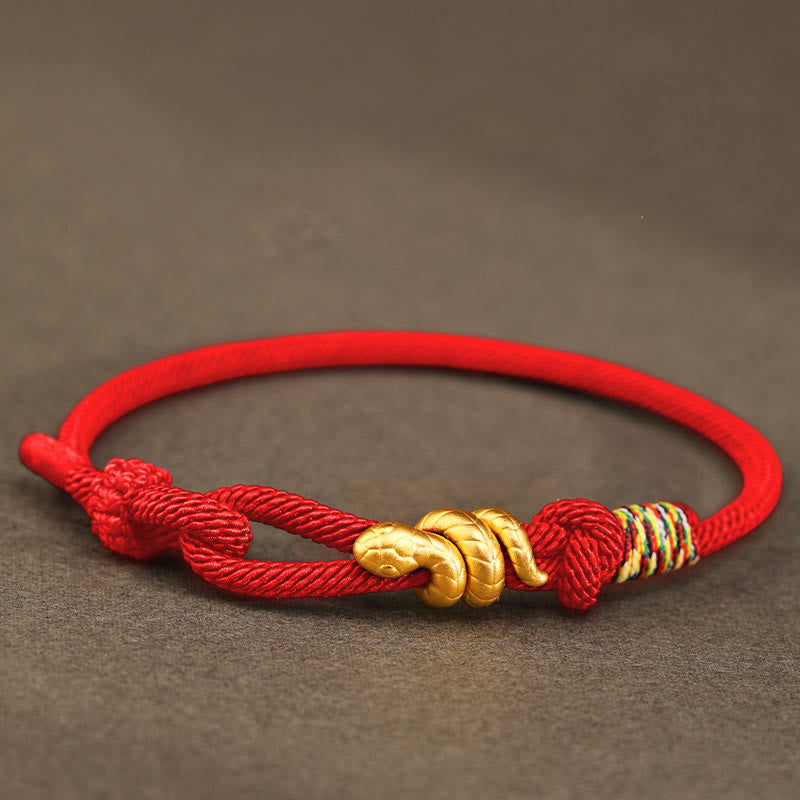 Buddha Stones 999 Gold Year of the Snake Design Handmade Luck Protection Rope Braided Bracelet - Red - 17-19cm - Gold 0.48g - image 14