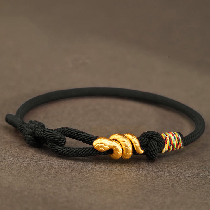 Buddha Stones 999 Gold Year of the Snake Design Handmade Luck Protection Rope Braided Bracelet - Black - 17-19cm - Gold 0.48g - image 18