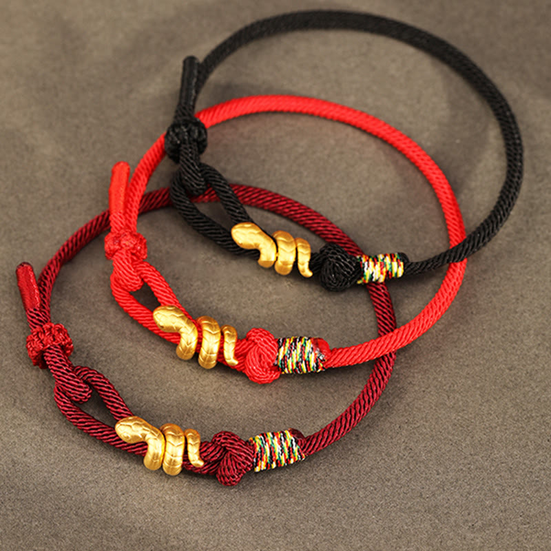 Buddha Stones 999 Gold Year of the Snake Design Handmade Luck Protection Rope Braided Bracelet - image 1