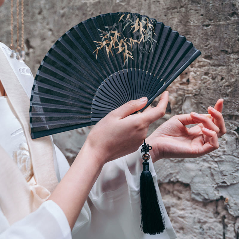 Buddha Stones Black Bamboo Leaf Print Silk Handheld Bamboo Folding Fan - image 1
