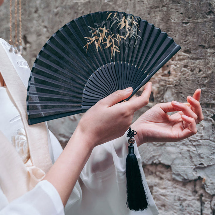 Buddha Stones Black Bamboo Leaf Print Silk Handheld Bamboo Folding Fan - image 1