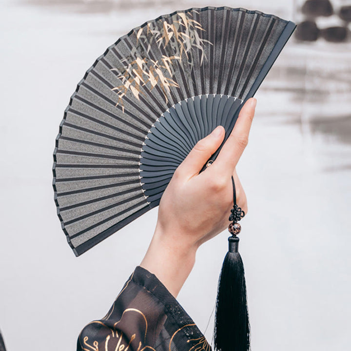 Buddha Stones Black Bamboo Leaf Print Silk Handheld Bamboo Folding Fan - image 3
