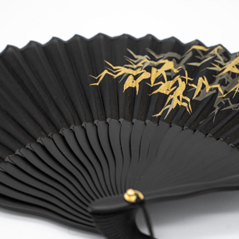 Buddha Stones Black Bamboo Leaf Print Silk Handheld Bamboo Folding Fan - image 5