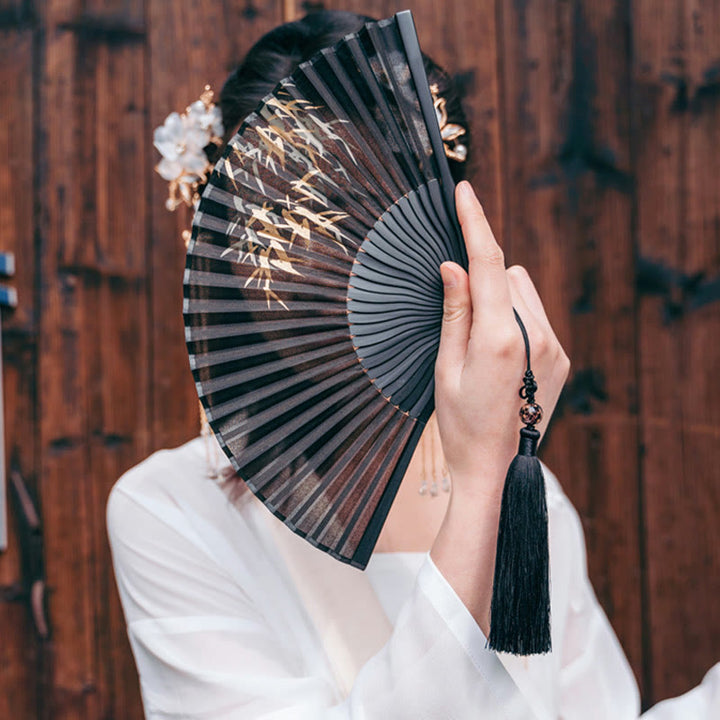 Buddha Stones Black Bamboo Leaf Print Silk Handheld Bamboo Folding Fan - image 8