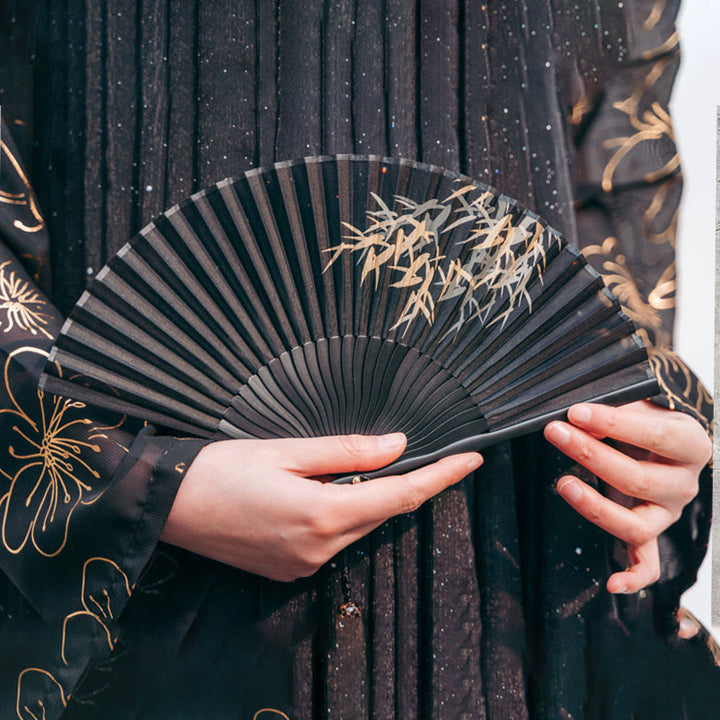 Buddha Stones Black Bamboo Leaf Print Silk Handheld Bamboo Folding Fan - image 4