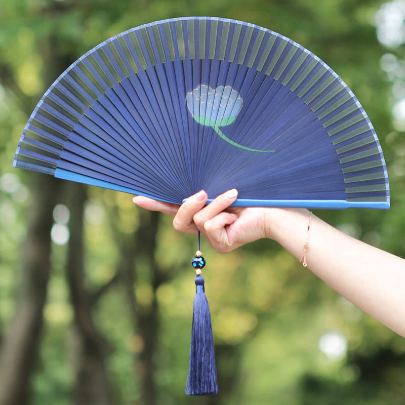 Buddha Stones Peony Flowers Silk Handheld Bamboo Folding Fan - Blue Peony 21cm - image 0