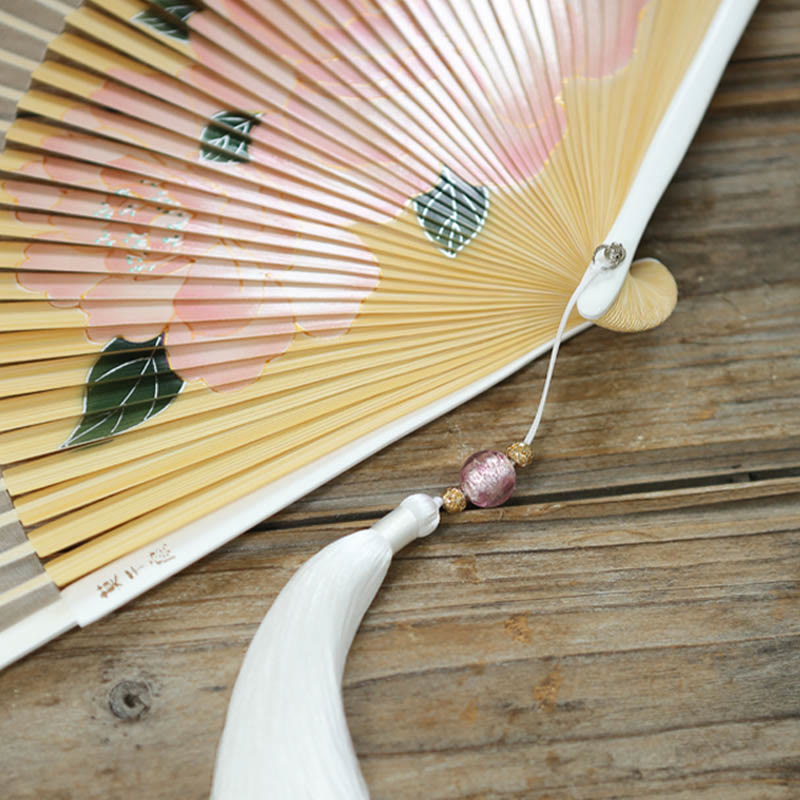 Buddha Stones Peony Flowers Silk Handheld Bamboo Folding Fan - image 10