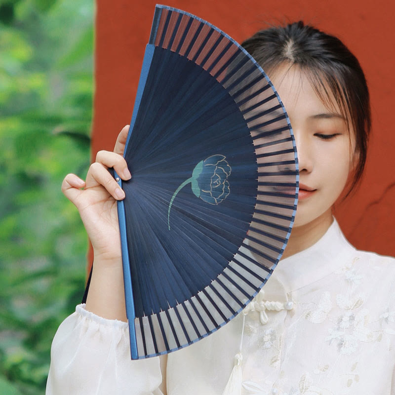 Buddha Stones Peony Flowers Silk Handheld Bamboo Folding Fan - image 5